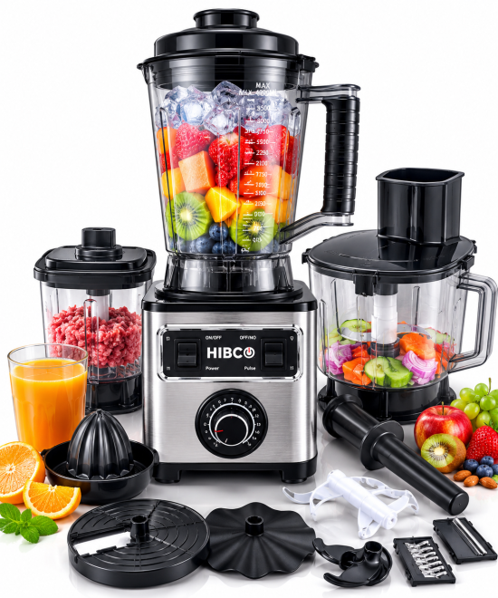 HIBCO Blender Multifonction 8 En 1 4L – Robot de Cuisine Professionnel 15 Vitesses – Mixeur, Hachoir, Presse Agrumes