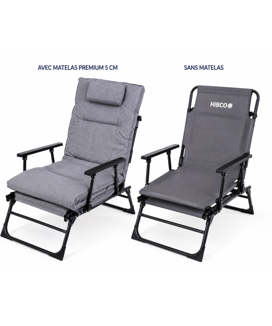 HIBCO Fauteuil Relax Pliant Premium avec Matelas 5 cm – Bain de Soleil Multi-Positions