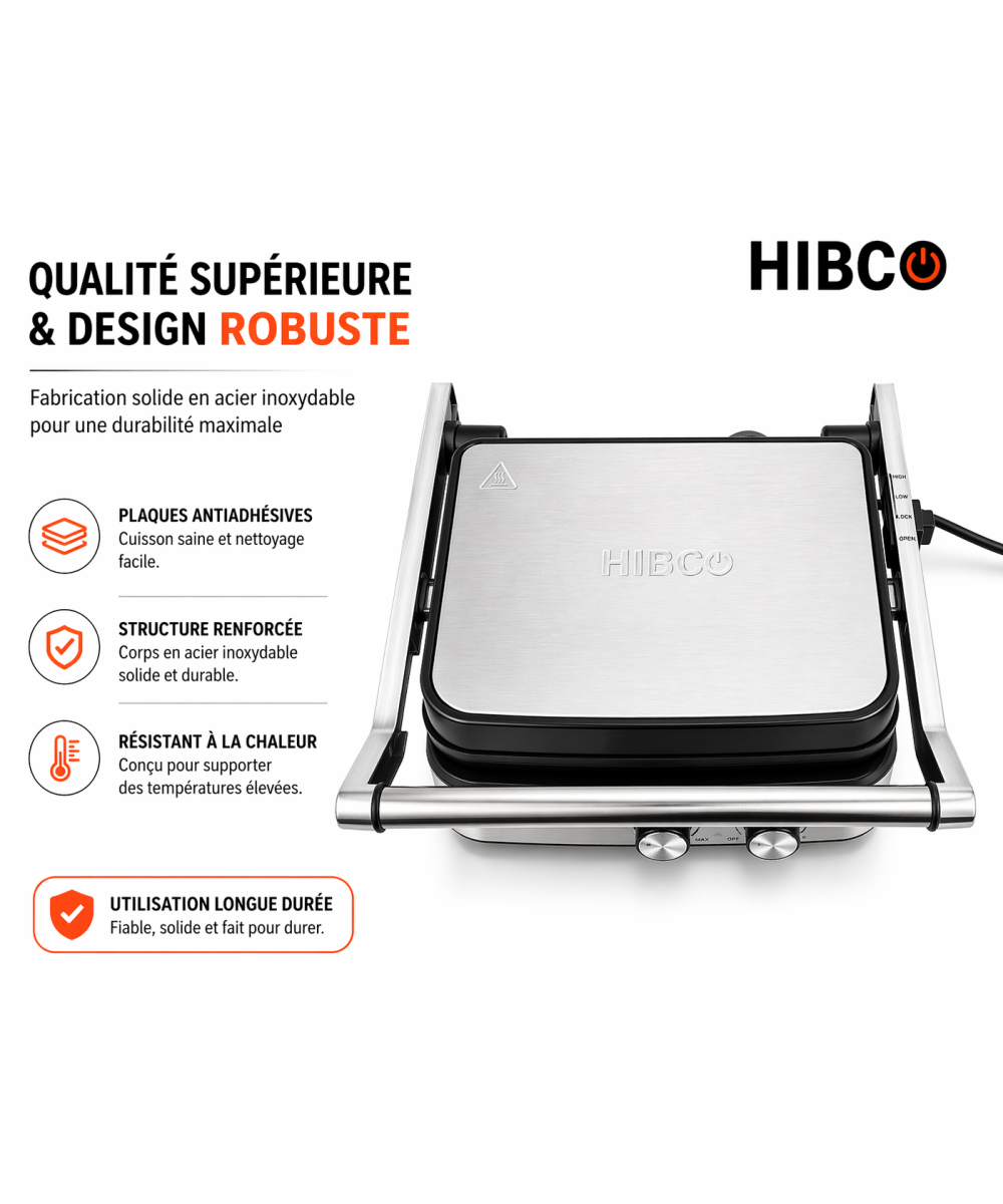 HIBCO Grill Électrique 2000W | Machine Panini & Sandwich Ouverture 180°