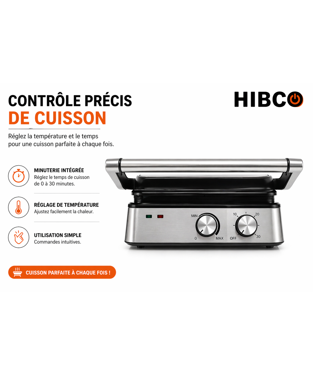 HIBCO Grill Électrique 2000W | Machine Panini & Sandwich Ouverture 180°