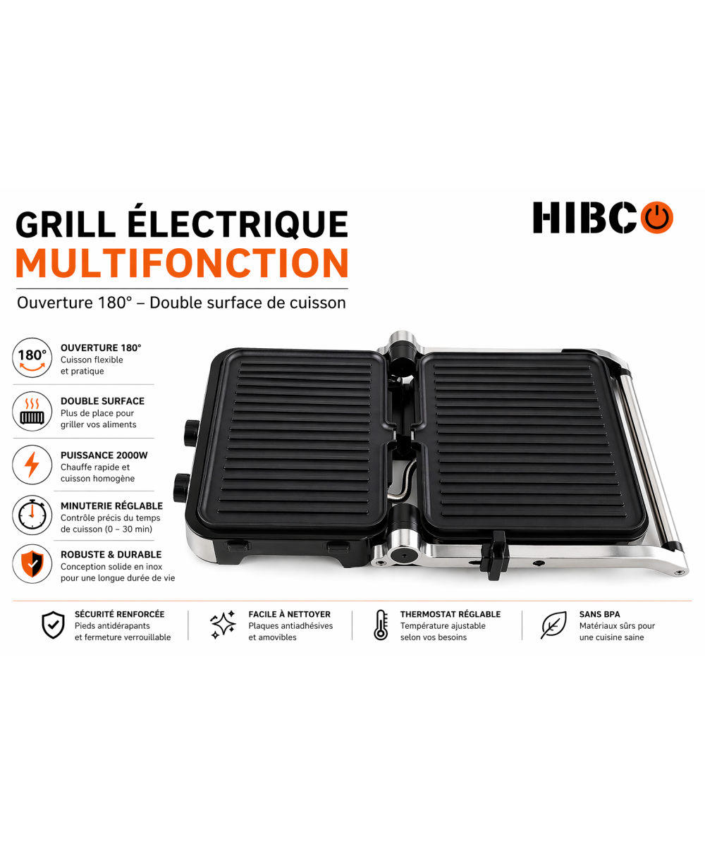 HIBCO Grill Électrique 2000W | Machine Panini & Sandwich Ouverture 180°