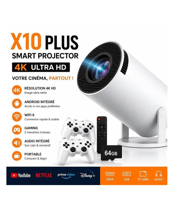 HIBCO HY300-A Projecteur Gaming Smart WiFi HD – 2 Manettes Sans Fil – Carte SD 64 Go Jeux Préinstallés – HDMI USB – Support 4K