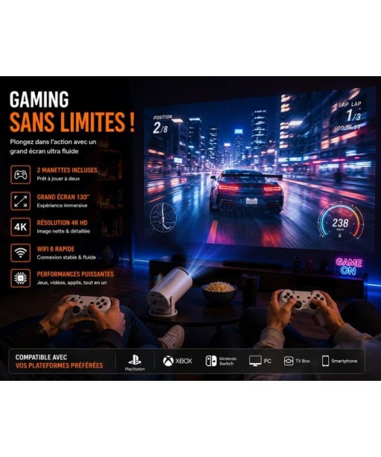 HIBCO HY300-A Projecteur Gaming Smart WiFi HD – 2 Manettes Sans Fil – Carte SD 64 Go Jeux Préinstallés – HDMI USB – Support 4K