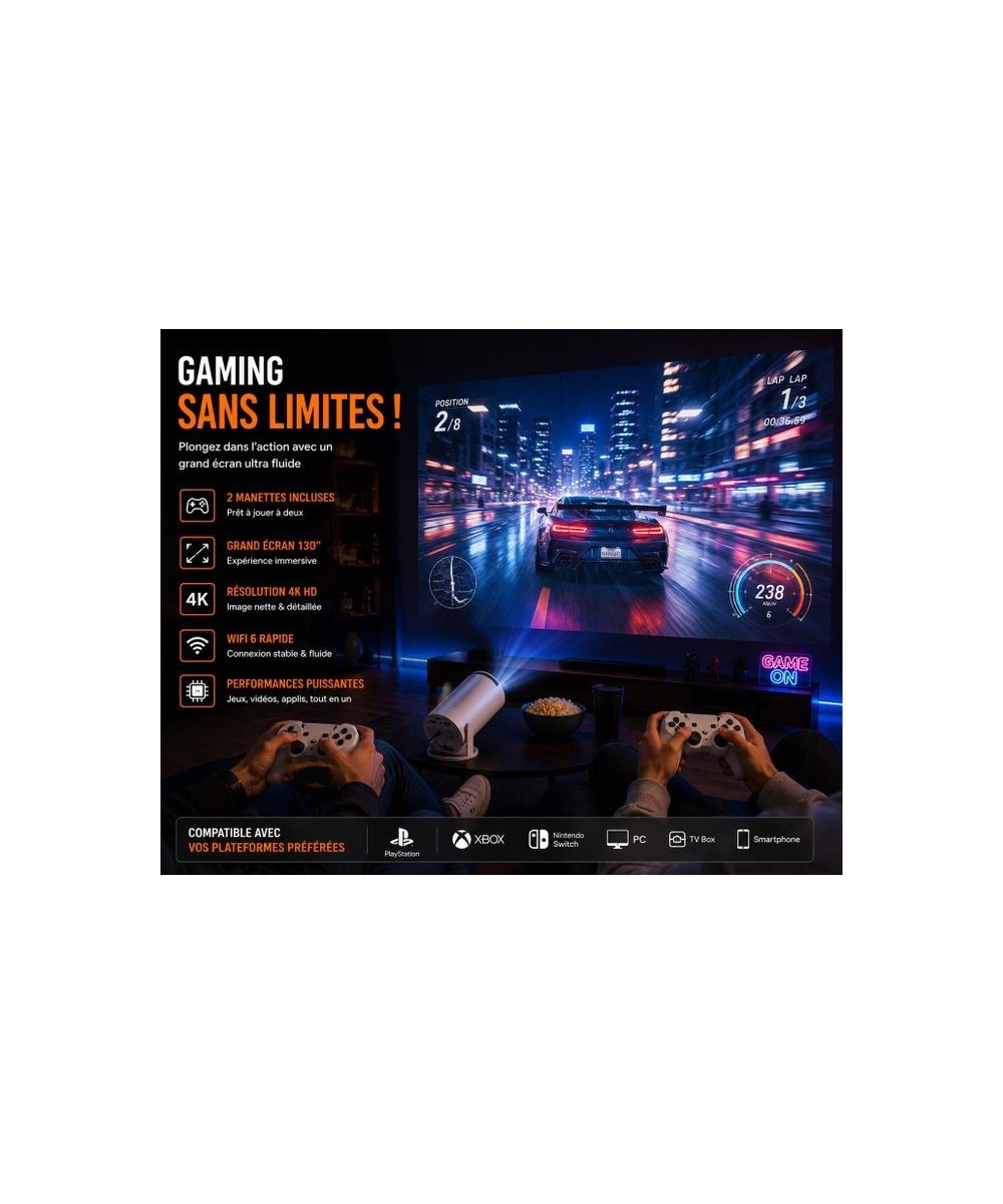 HIBCO HY300-A Projecteur Gaming Smart WiFi HD – 2 Manettes Sans Fil – Carte SD 64 Go Jeux Préinstallés – HDMI USB – Support 4K