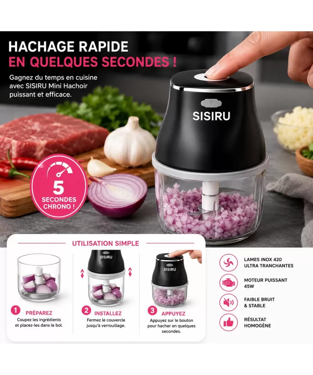 SISIRU Mini Hachoir Électrique USB 200ml – Rechargeable Sans Fil