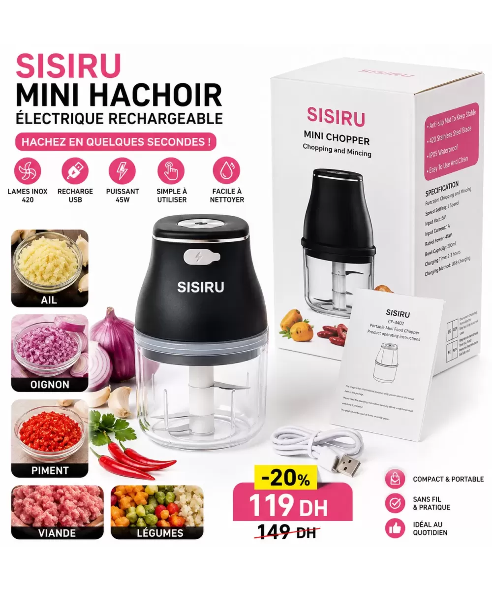 SISIRU Mini Hachoir Électrique USB 200ml – Rechargeable Sans Fil