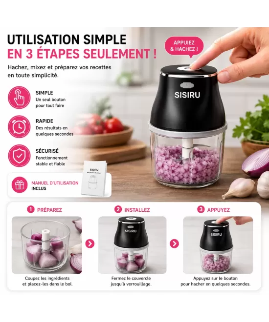 SISIRU Mini Hachoir Électrique USB 200ml – Rechargeable Sans Fil
