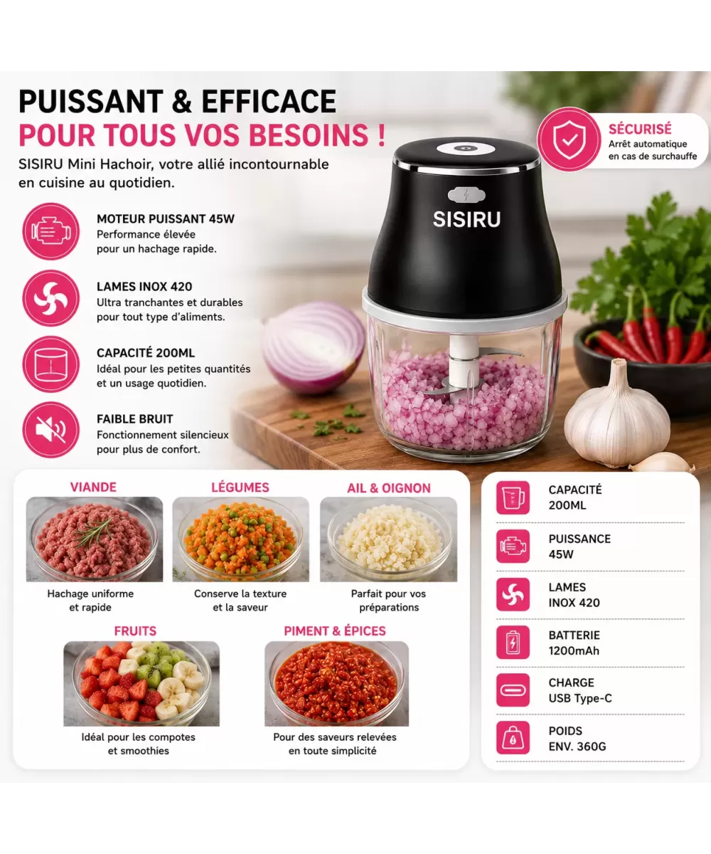 SISIRU Mini Hachoir Électrique USB 200ml – Rechargeable Sans Fil
