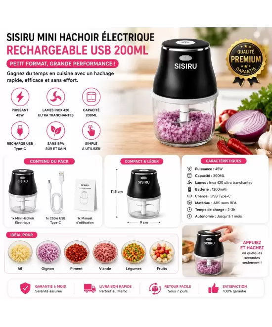 SISIRU Mini Hachoir Électrique USB 200ml – Rechargeable Sans Fil