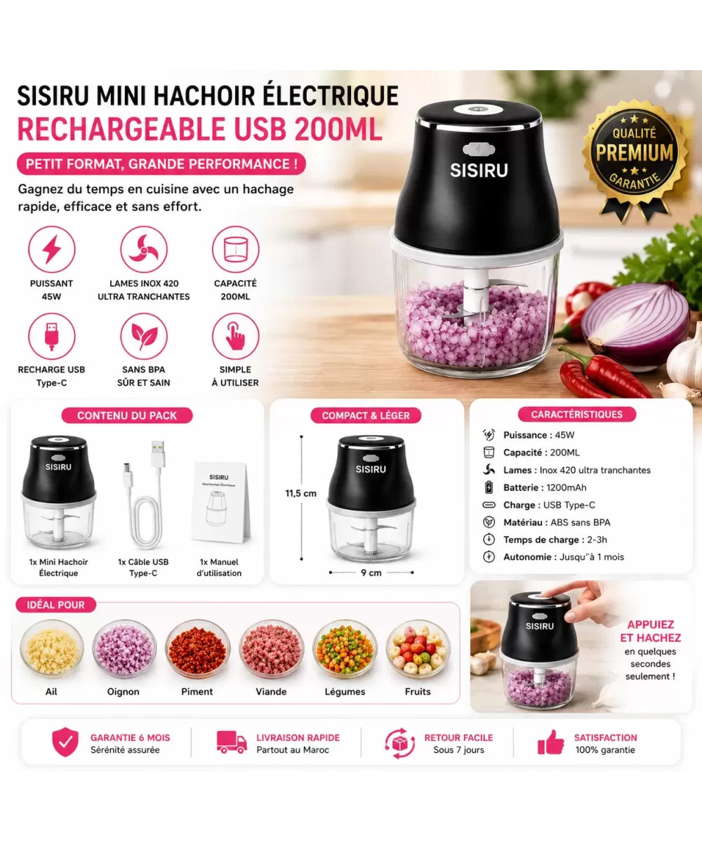 SISIRU Mini Hachoir Électrique USB 200ml – Rechargeable Sans Fil