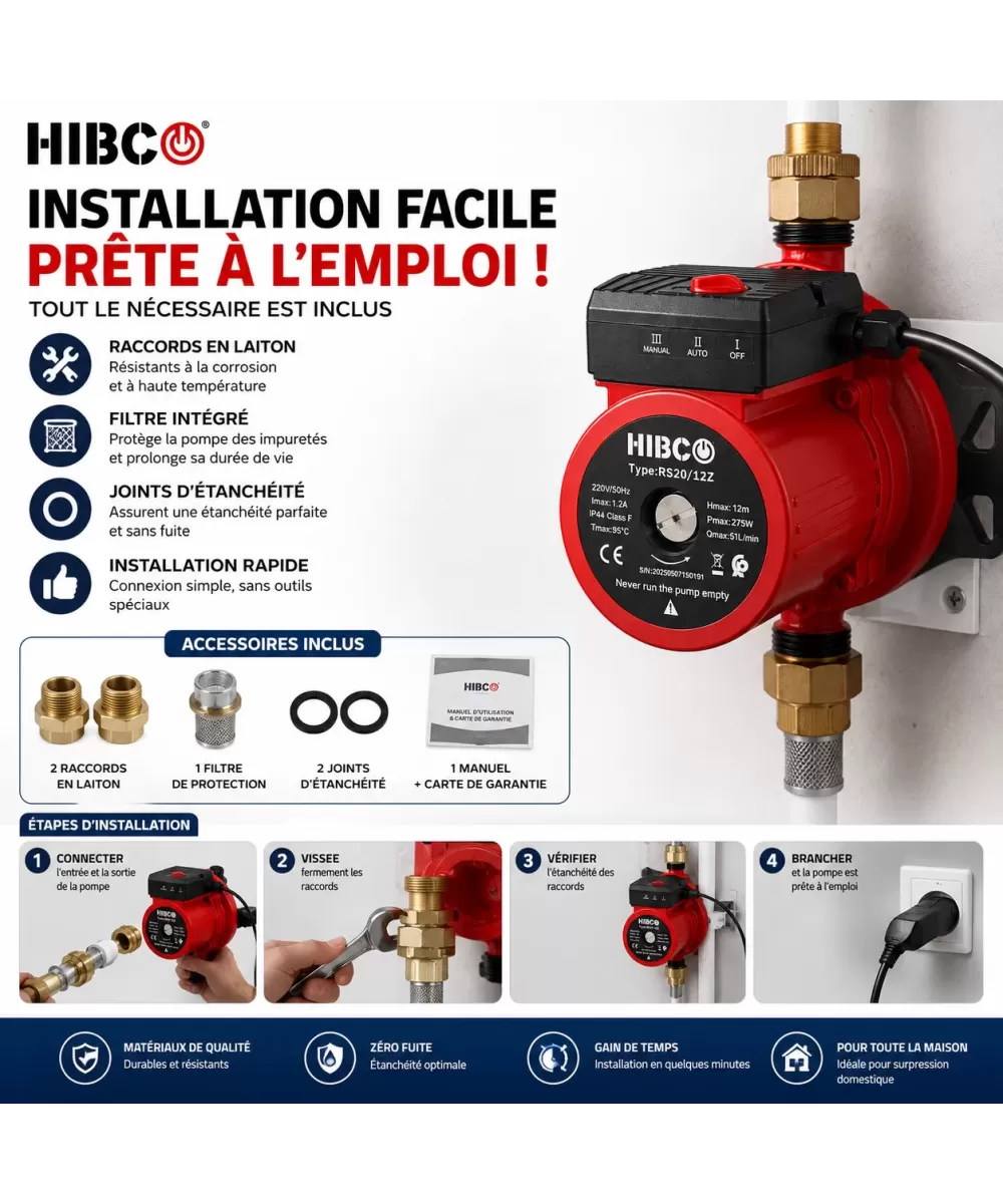 HIBCO Pompe Surpresseur Automatique RS20/12Z 275W – 51L/min – 12m – Eau Chaude & Froide