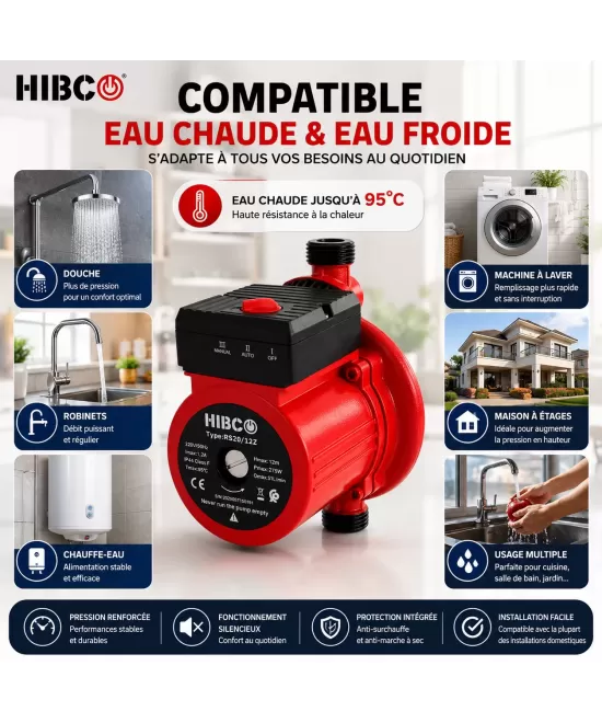 HIBCO Pompe Surpresseur Automatique RS20/12Z 275W – 51L/min – 12m – Eau Chaude & Froide