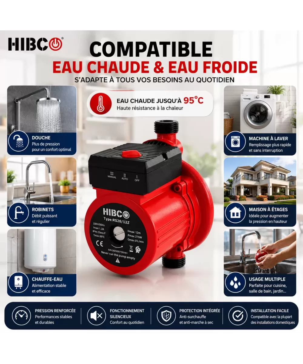HIBCO Pompe Surpresseur Automatique RS20/12Z 275W – 51L/min – 12m – Eau Chaude & Froide