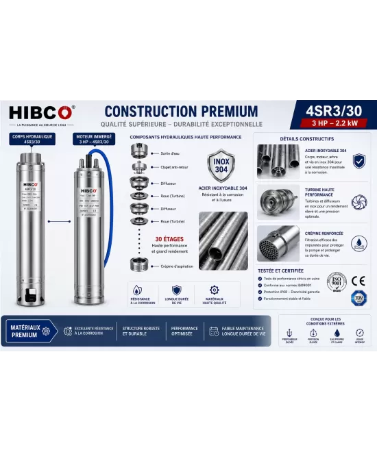 Pompe forage HIBCO 4SR3/30 3HP 2.2kW 380V Triphasé