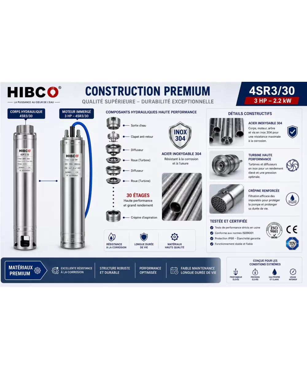 Pompe forage HIBCO 4SR3/30 3HP 2.2kW 380V Triphasé