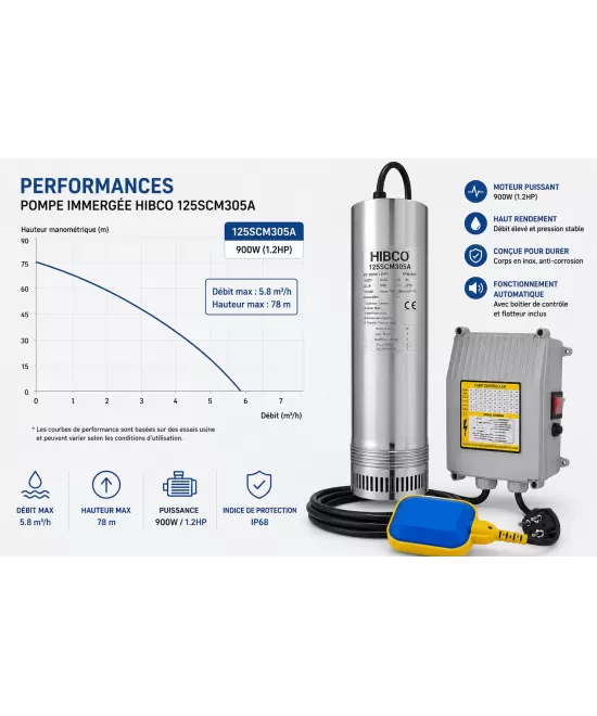 HIBCO 125SCM305A Pompe Immergée 900W 1.2HP 65m