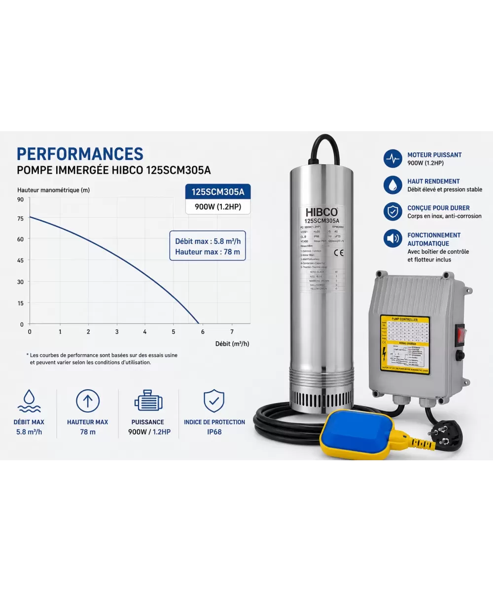HIBCO 125SCM305A Pompe Immergée 900W 1.2HP 65m
