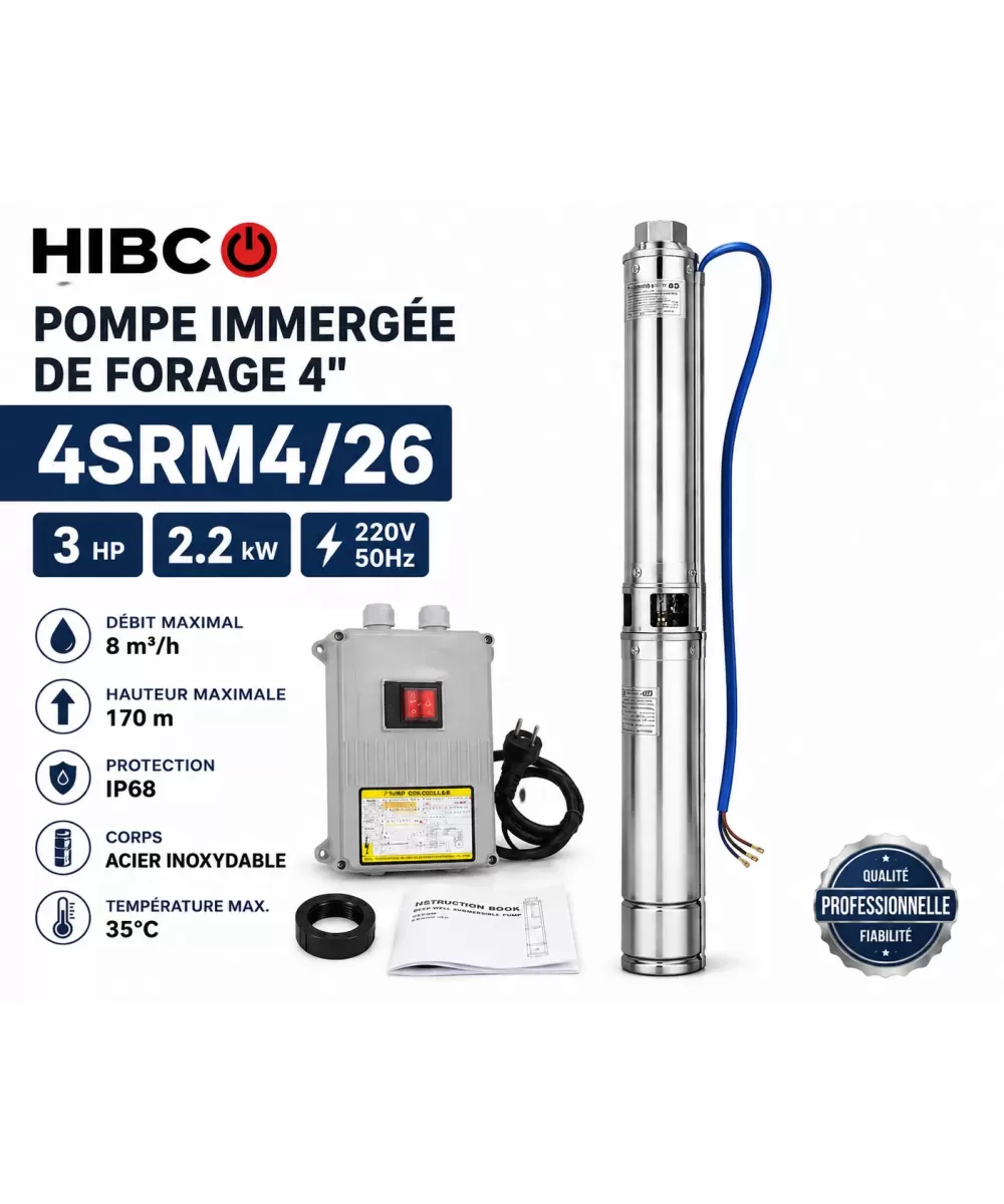 Pompe Immergée 4SRM4/26 3HP 2,2kW 170m | HIBCO