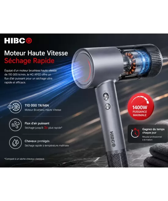 Sèche-cheveux HIBCO 1400W – Moteur Haute Vitesse  – 3 Températures – 2 Vitesses – Concentrateur Magnétique