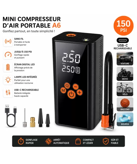 HIBCO Mini Compresseur d’Air Portable A6 – Gonfleur Pneus